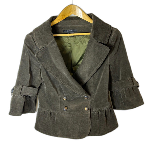 Zara 90s-Y2K Olive Green Velvet Elbow Sleeve Double Breasted Peplum Blazer Sz L - Picture 1 of 15